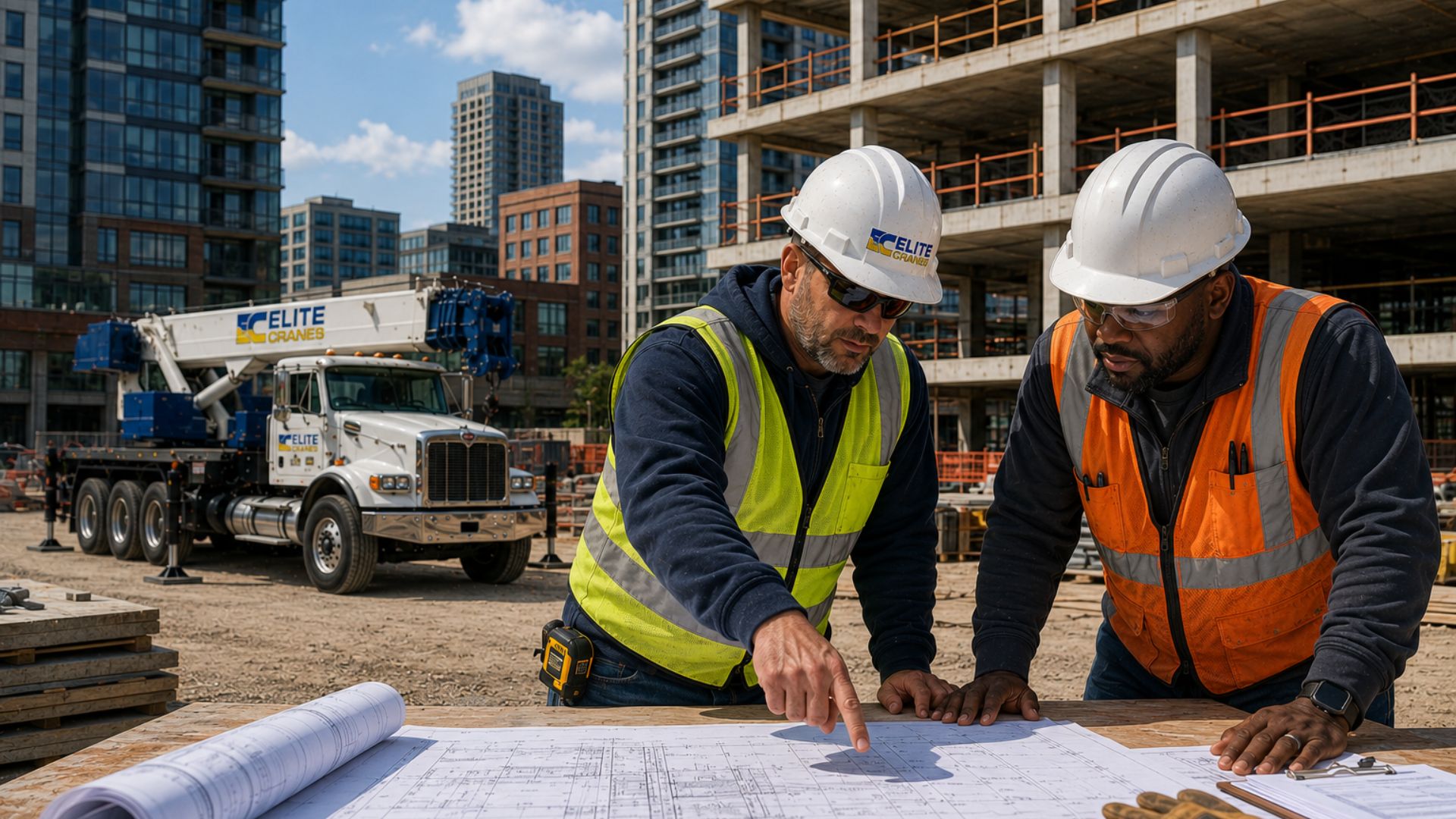 Elite Cranes - boom truck cranes rental in colorado. crane operator and foreman review plans before lift.