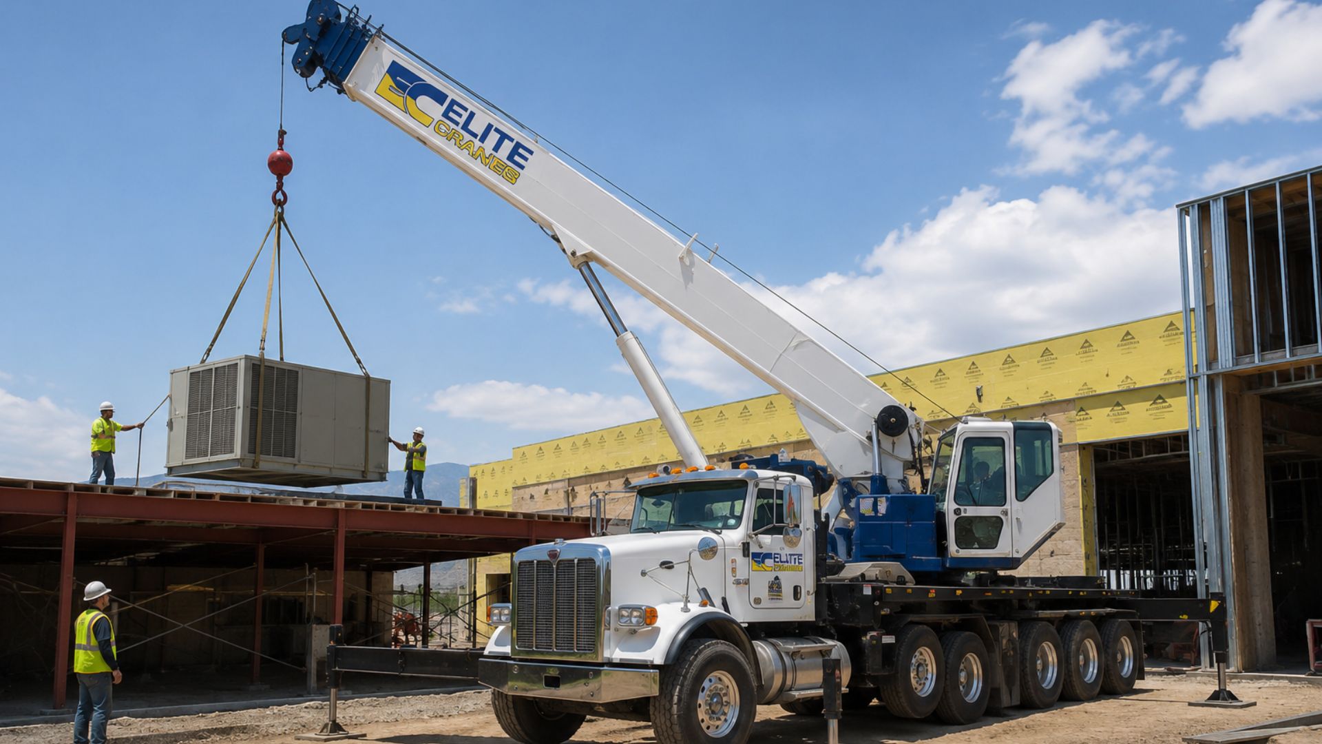 Elite Craes - boom truck cranes rental in colorado. boom truck crane lifting hvac system at construction site