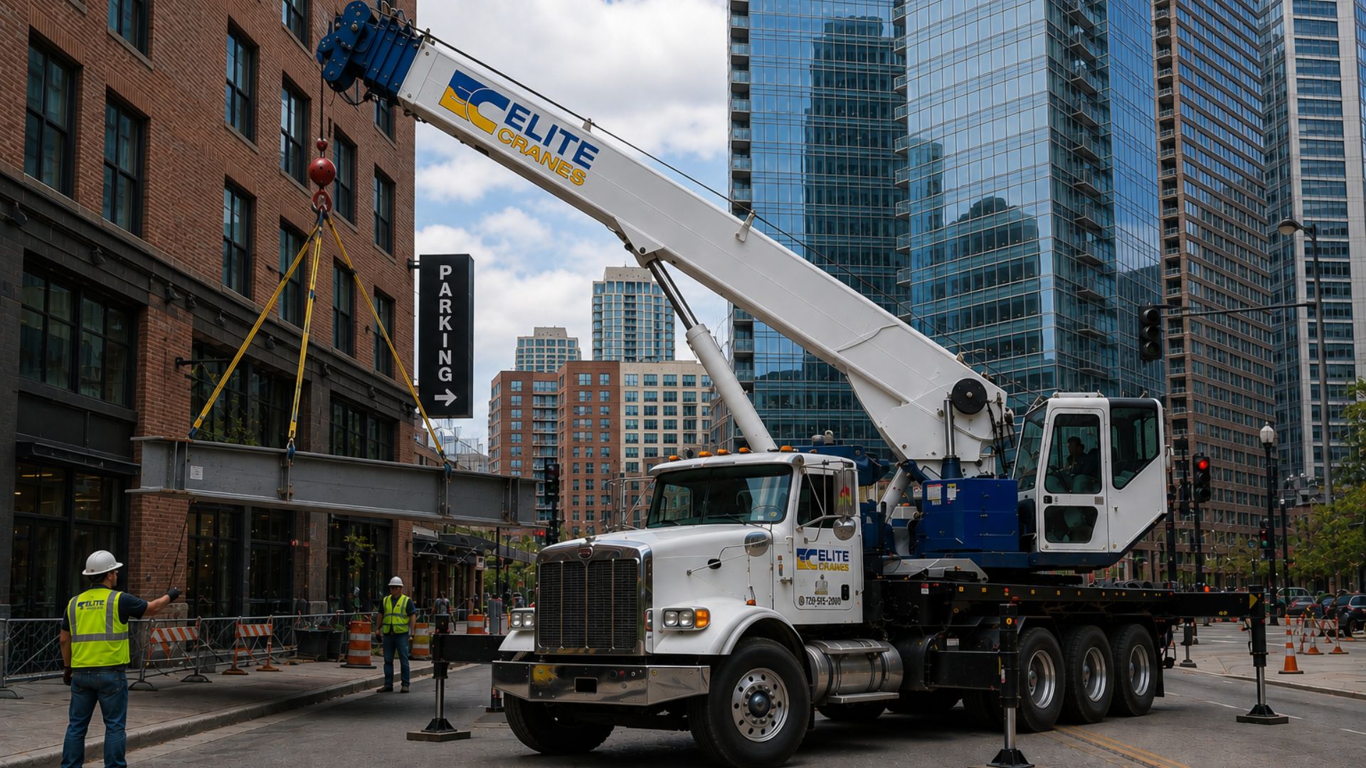 Elite Craes - boom truck cranes rental in colorado. boom truck crane in downtown denver tight street, lifting steel beam